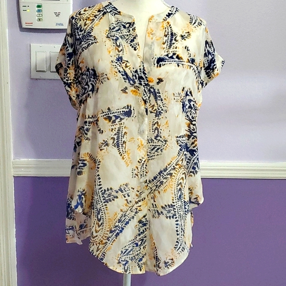 Chico's Boho Off White Dainty Floral Button Up Sheer Oversize Shirt S